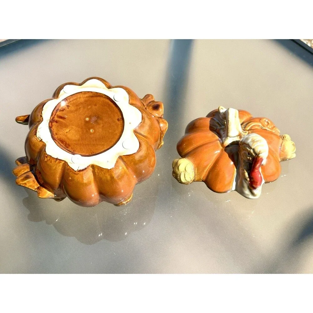Ceramic Pumpkin Turkey Container w Lid Thanksgiving Orange Brown Holiday Dish